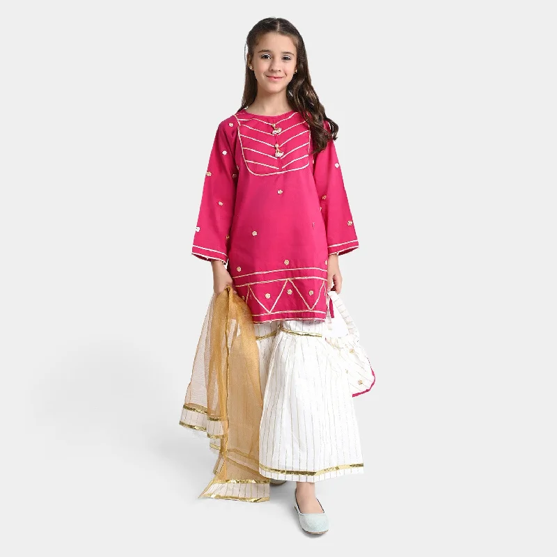 Girls Cotton Viscose 3PCs Suit Gul-Hot | Pink