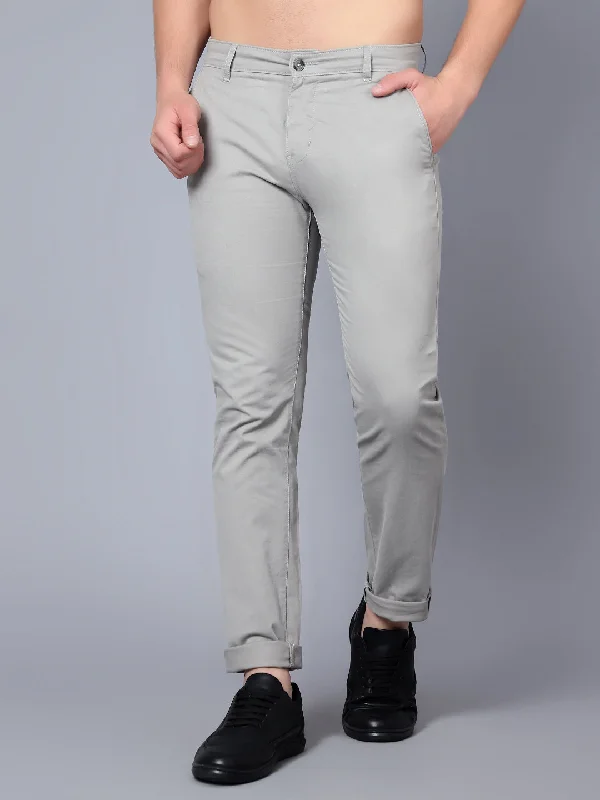 Men's Pants with Embroidered DesignsMen's Casual Flat front Light Grey  Trousers