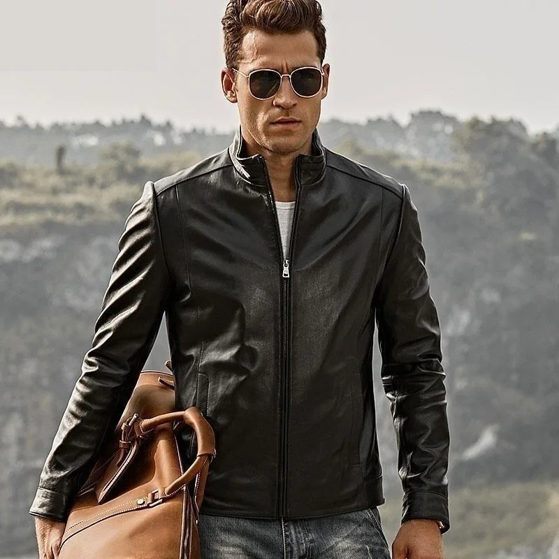 Men's Coats for SpringMotorcycle Lambskin Slim Fit Genuine Leather Standing Collar Coat for Men